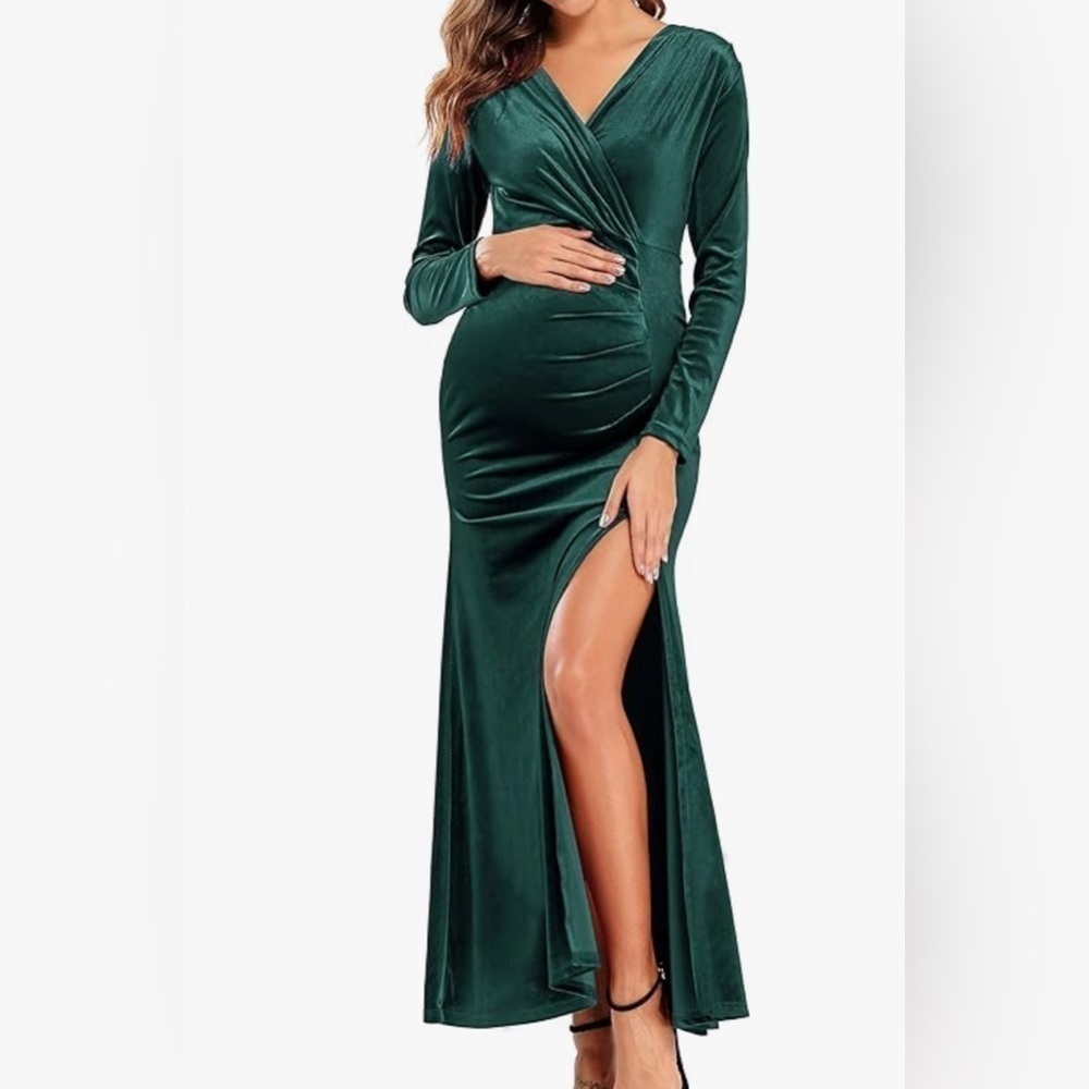 NEW Babalet Forest Green Velvet Maternity Wrap V-Neck Maternity Long Dress